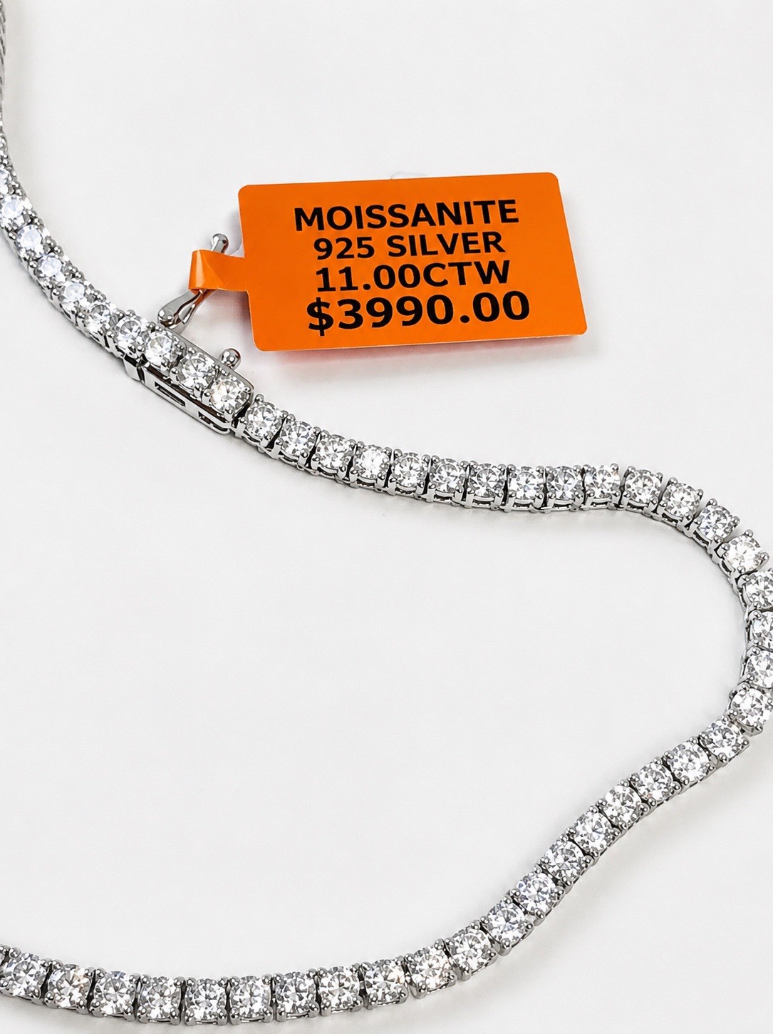 REAL 925 Sterling Silver Moissanite Tennis Chain VVS D Color~18”~3mm~11CTW~NEW