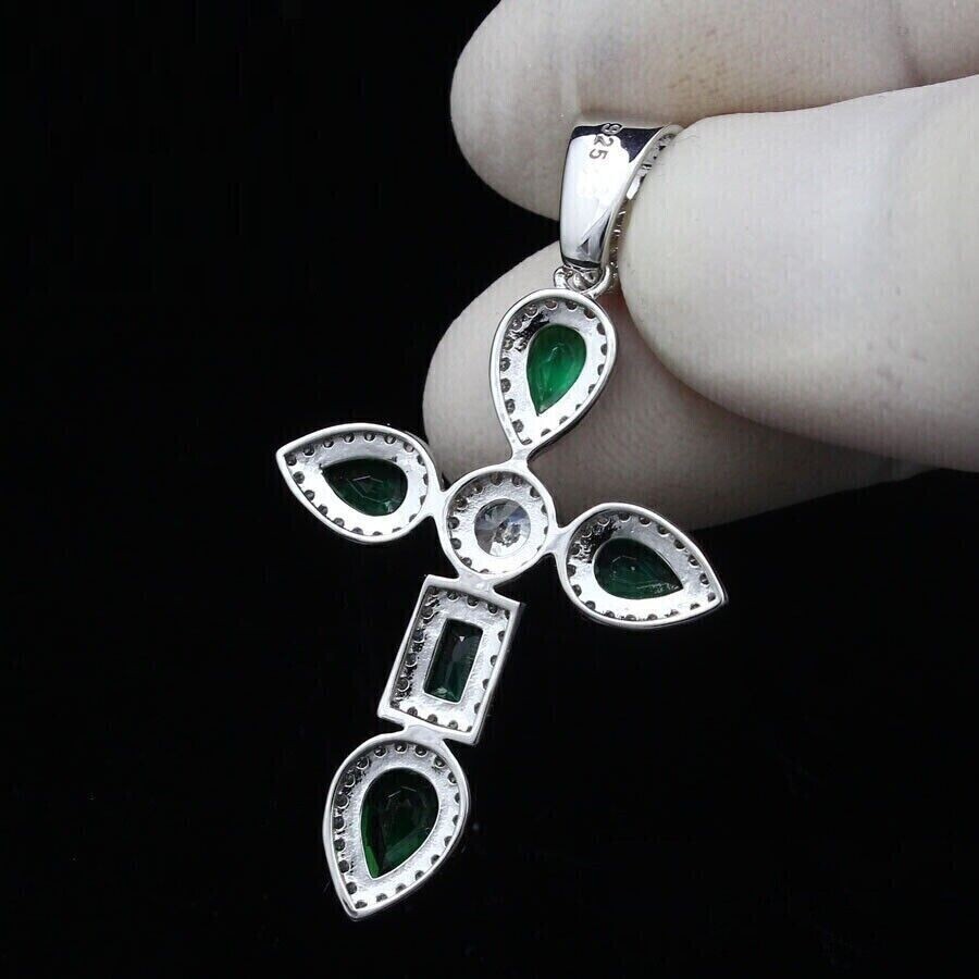 2.50 Ct Pear Cut Lab Created Green Emerald Cross Pendant 14K White Gold Finish