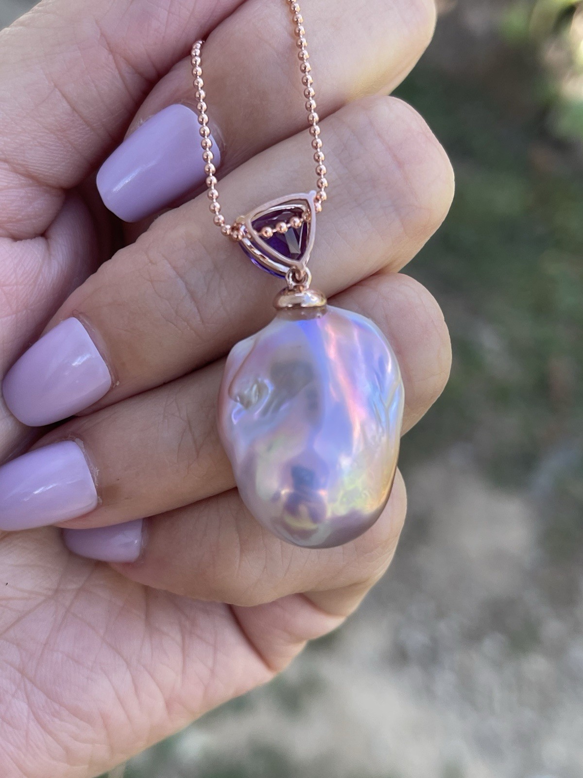 New 9ct Rose Gold Genuine Natural Colored Baroque Pearl Pendant With Amethyst