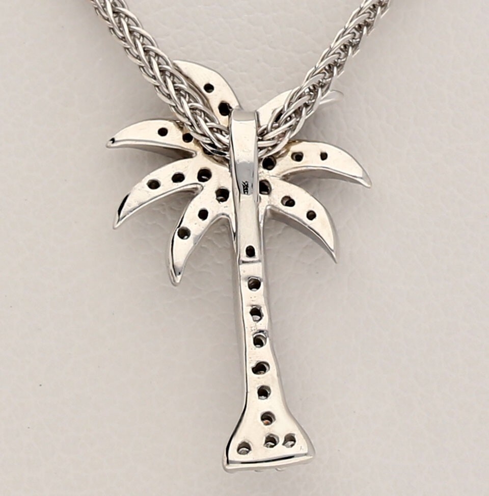 Natural Diamond Tiny Palm Tree Pendant Necklace .18CT 14K White Gold 16” Chain
