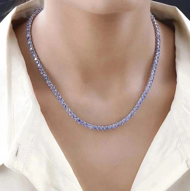 3MM Round Lab-Created Tanzanite Wedding Tennis Necklace White Gold Plated 18″
