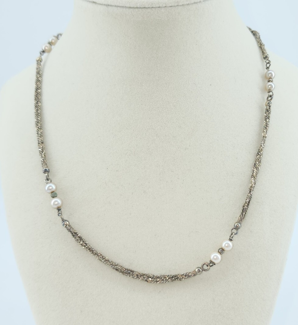 Vintage Unbranded Italy 925 Sterling Silver Chain Necklace Segmented Pearls 17”