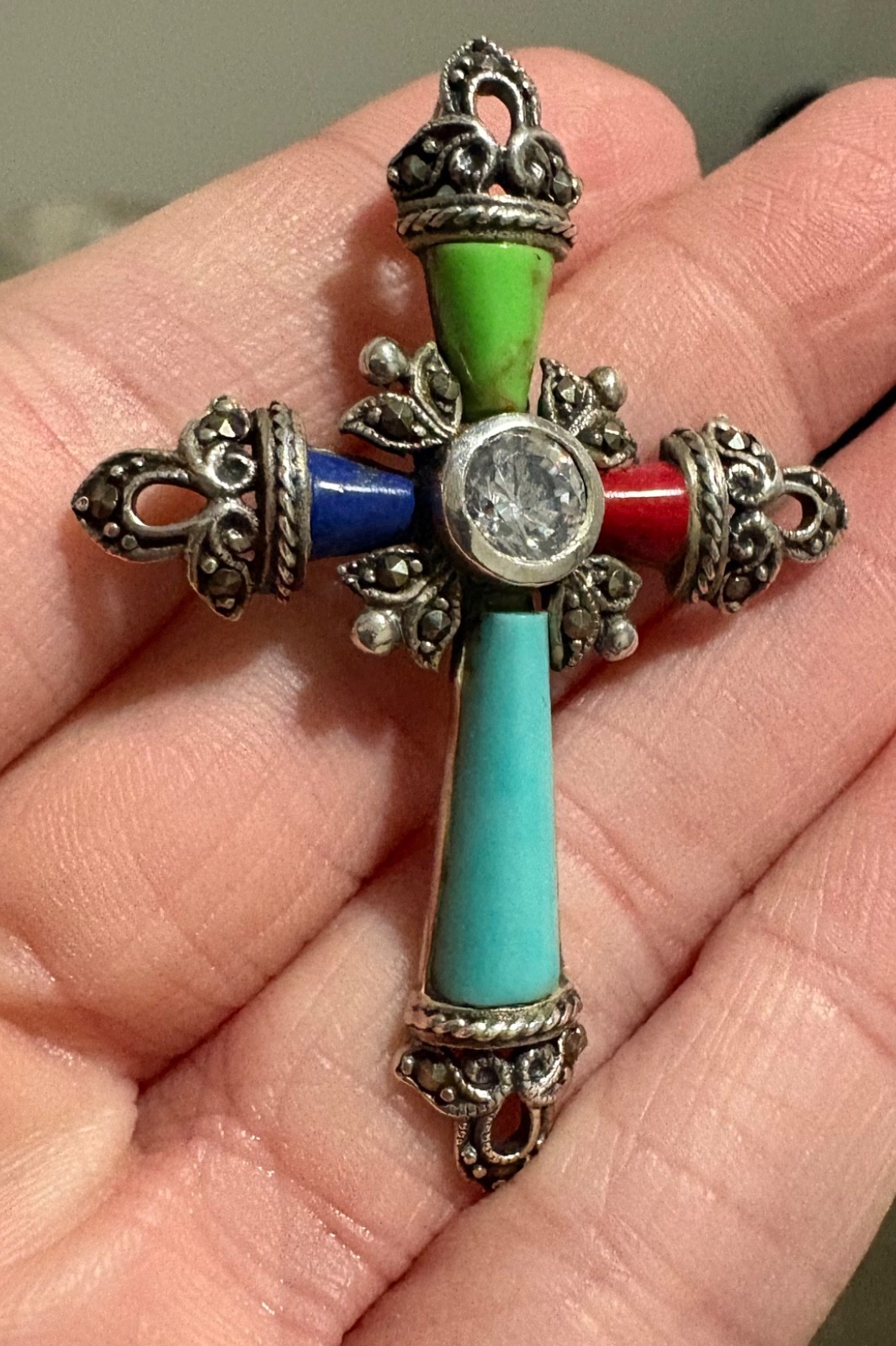925 Sterling Silver Cross Pendant Turquoise Coral Lapis 2″ 7.16 grams CZ Gemston