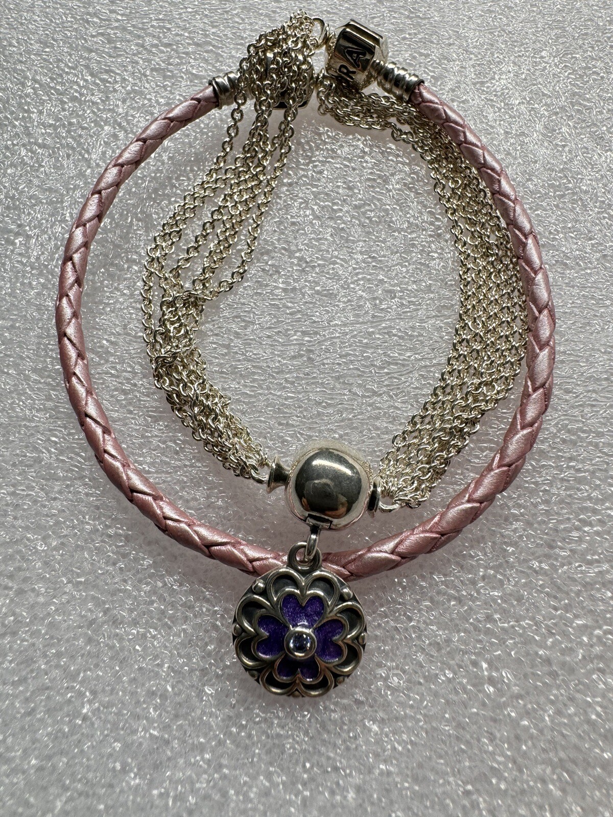 Pandora 15″ Pink Braided Leather Choker Chain Necklace Dangle Charm