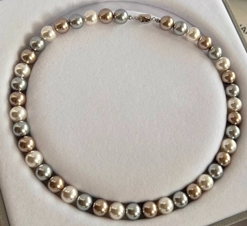 17″8-10mm South Sea Genuine Golden White Black Chocolate Round Pearl Necklace