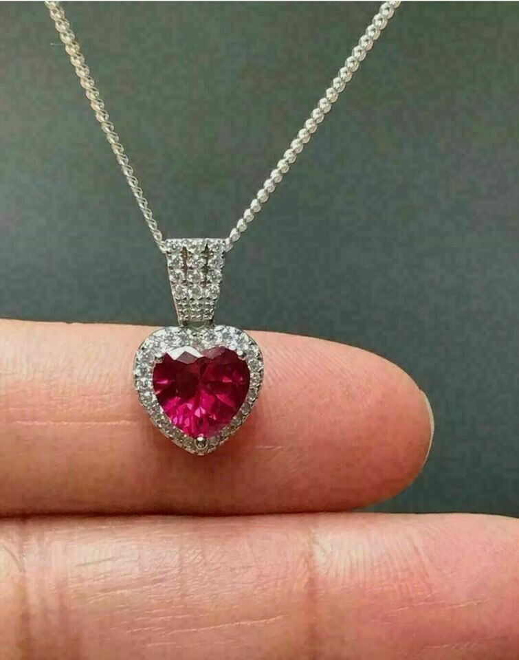 2.00Ct Heart Cut Pink Ruby Halo Pendant Women’s 14K White Gold Finish Free Chain