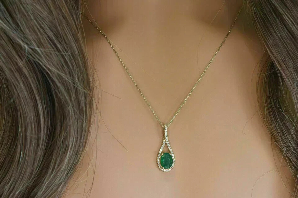 2Ct Oval Cut Green Emerald Halo Pendant Free Chain 14K Yellow Gold Finish