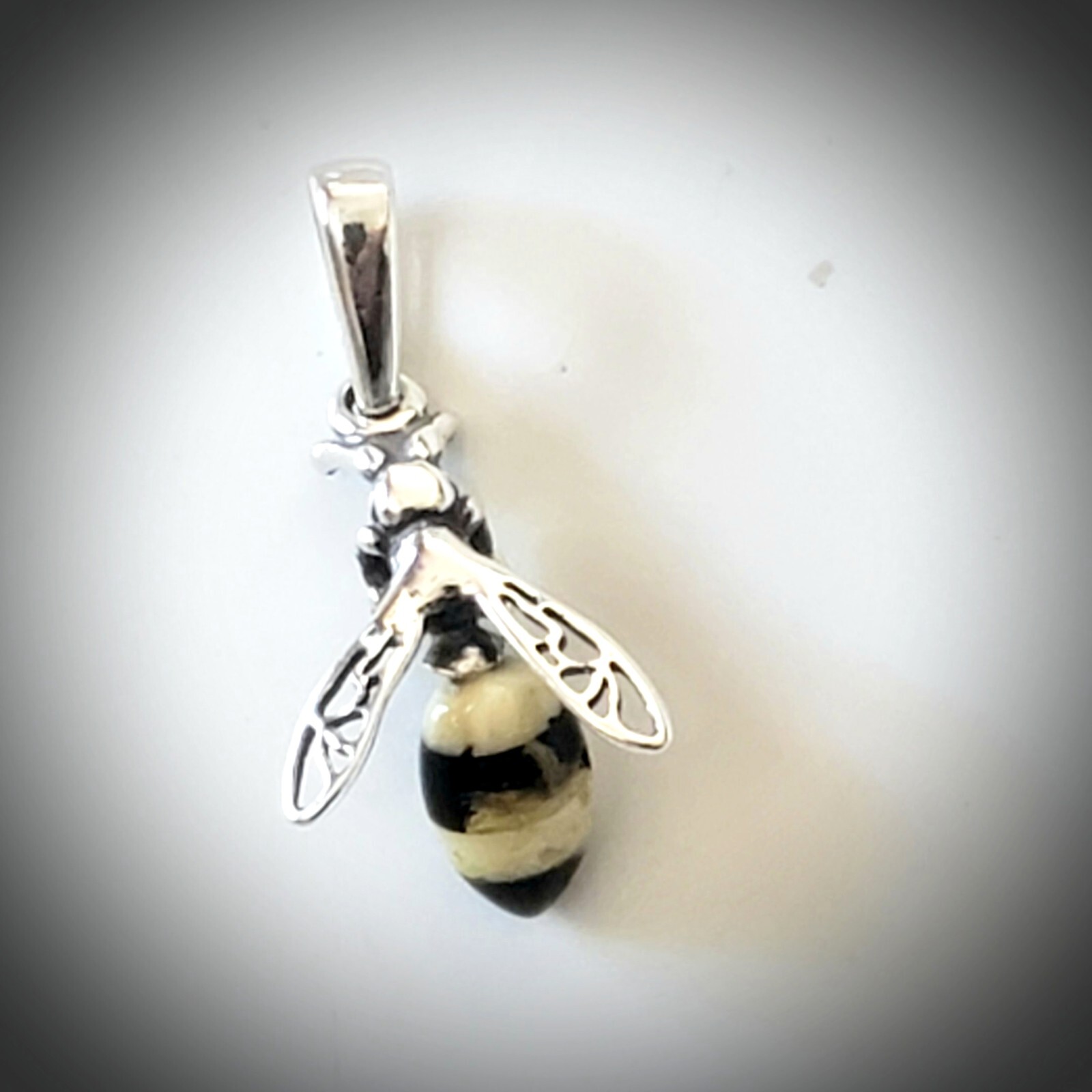 Small Silver Bee Pendant with Natural Amber Tail Jewelry for any Age