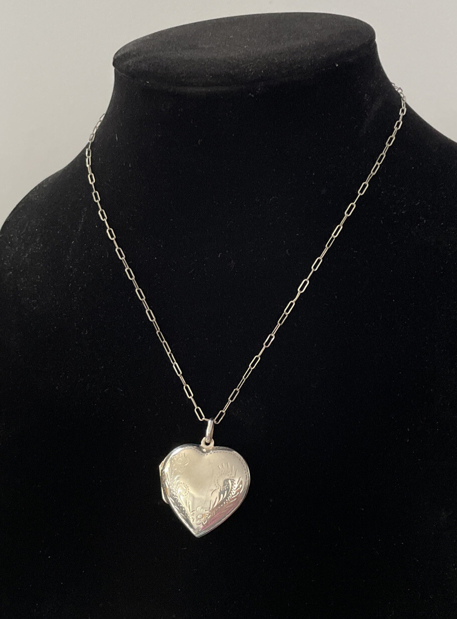 925 Sterling Silver Heart Locket And Chain Necklace Photo Pendant Etched 16”