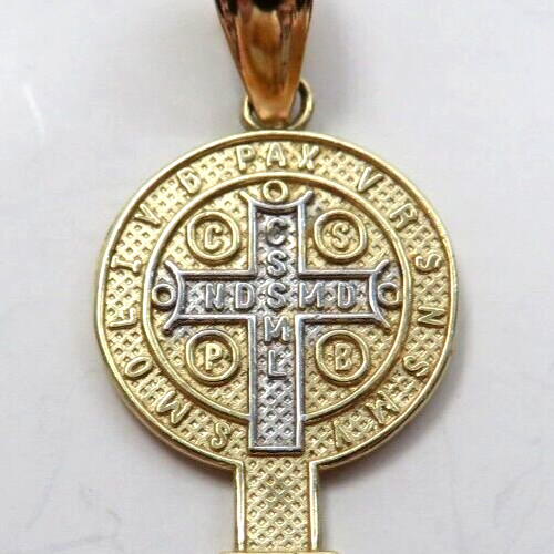 St BENEDICT 14K Yellow & White Gold Religious Key Pendant Charm