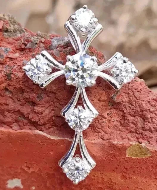2.20Ct Round Cut Real Moissanite Women’s Cross Pendant 14K White Gold Plated