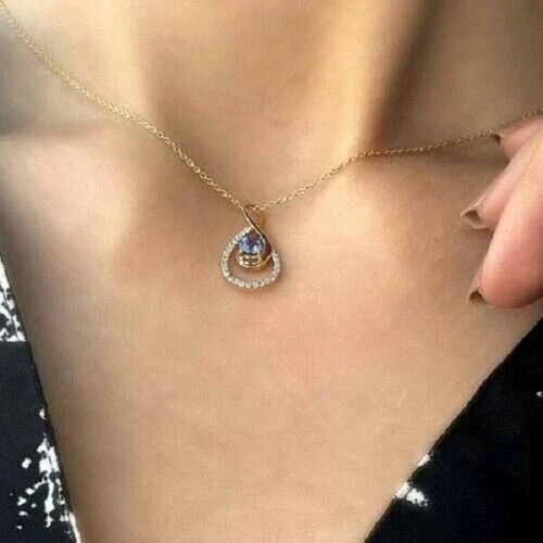 1.00Ct Round Cut Blue Tanzanite Solitaire Pendant 14K Yellow Gold Finish Chain