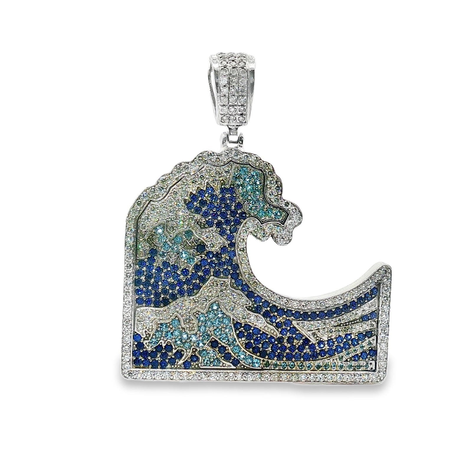 Vintage Diamond, Sapphire, Topaz Wave Pendant in 10k White Gold 2.25″ 3.23cttw