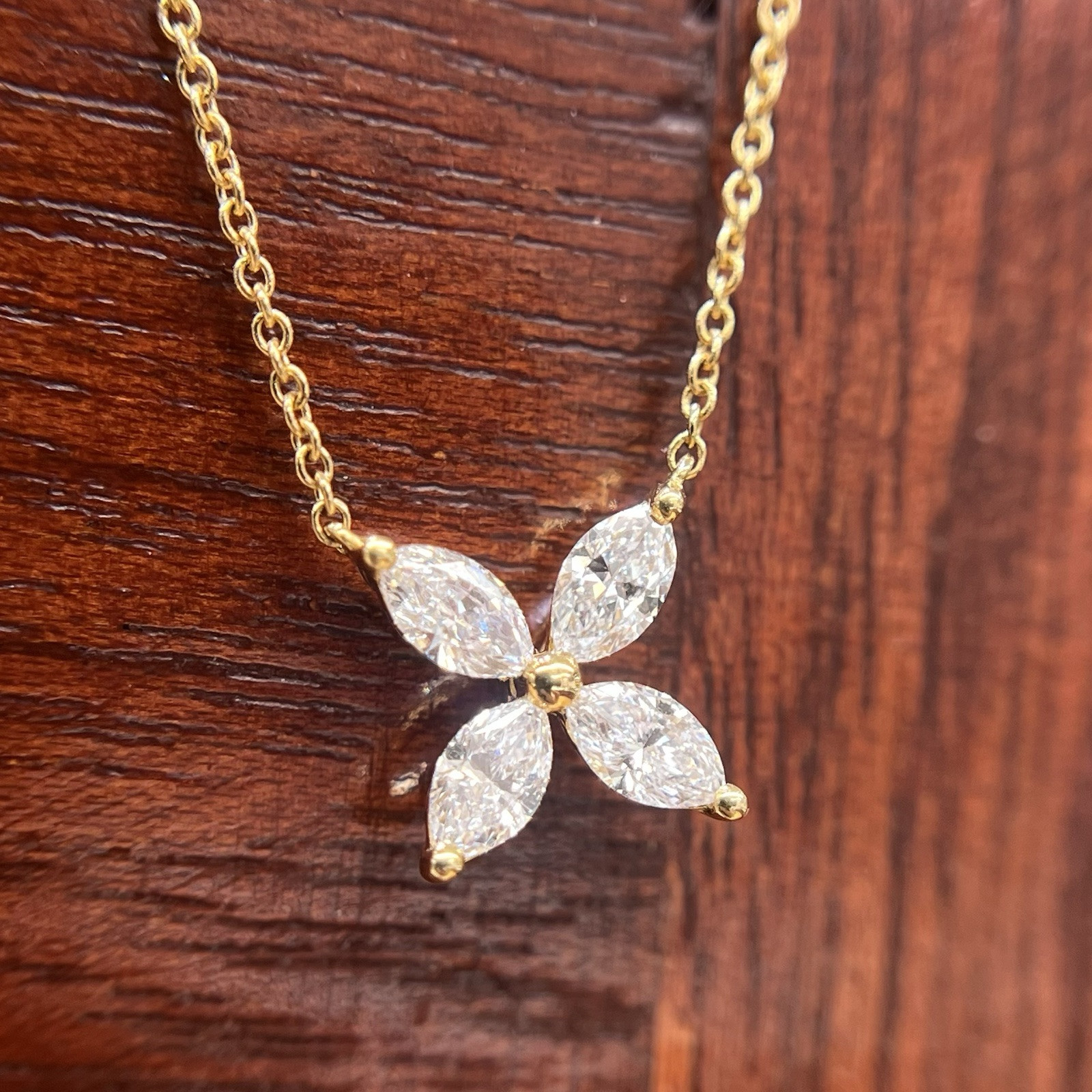 Dainty 0.47cts Marquise Real Diamonds Flower Pendant 18K Yellow Gold Necklace