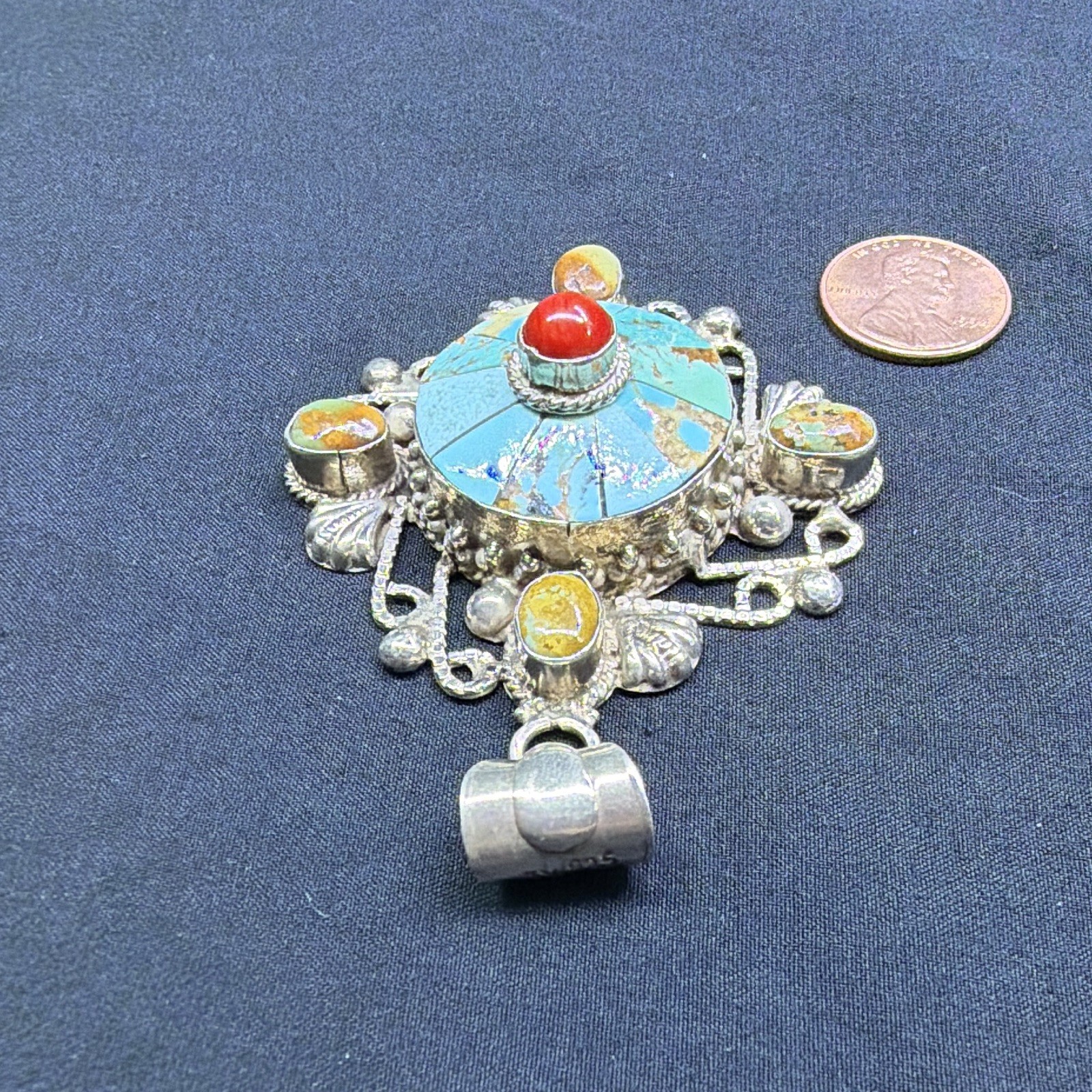 925 Sterling Silver India Turquoise Multi-Stone Inlay Round Pendant Signed