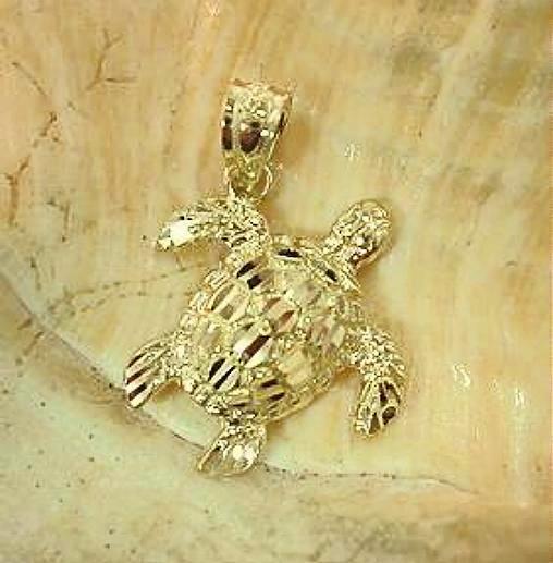 16MM SOLID 14K YELLOW GOLD SPARKLY DIAMOND CUT DC HAWAIIAN TURTLE PENDANT SML