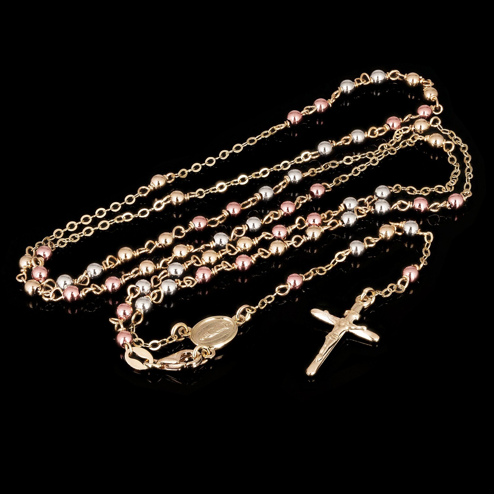 Italian 14k Tri Color Gold Miraculous Medal Rosary Necklace 26″ 4mm 9 grams