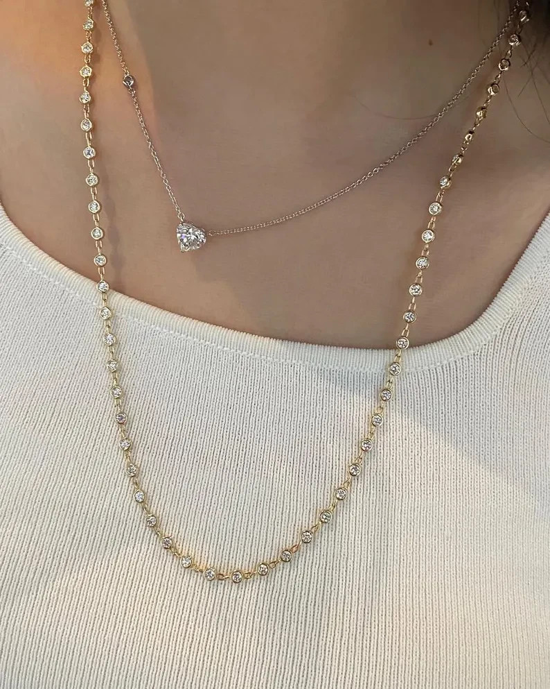 14k Yellow Gold Plated 7 Carat Diamond Minimalist Tennis Necklace Bezel Set