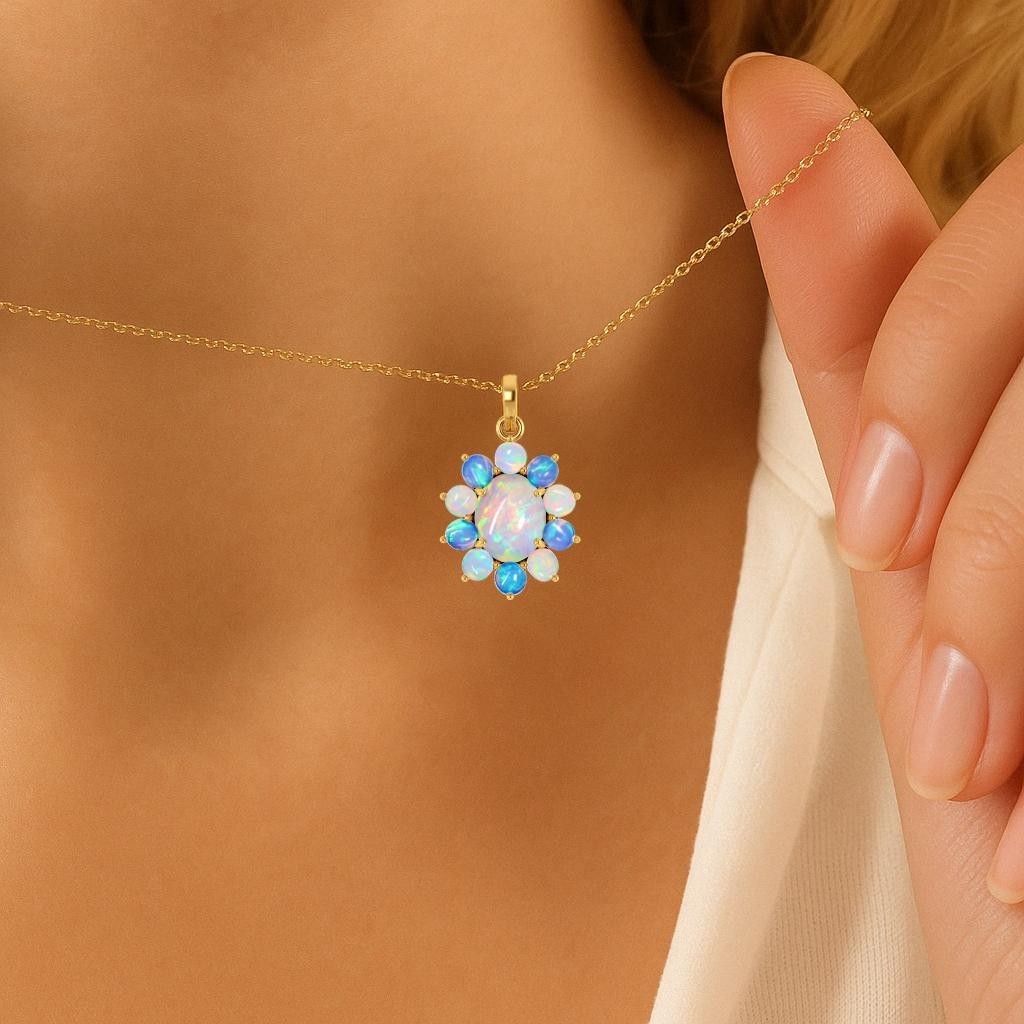 Natural White and Blue Opal Gemstone Pendant Necklace, Multifire Opal Gemstone