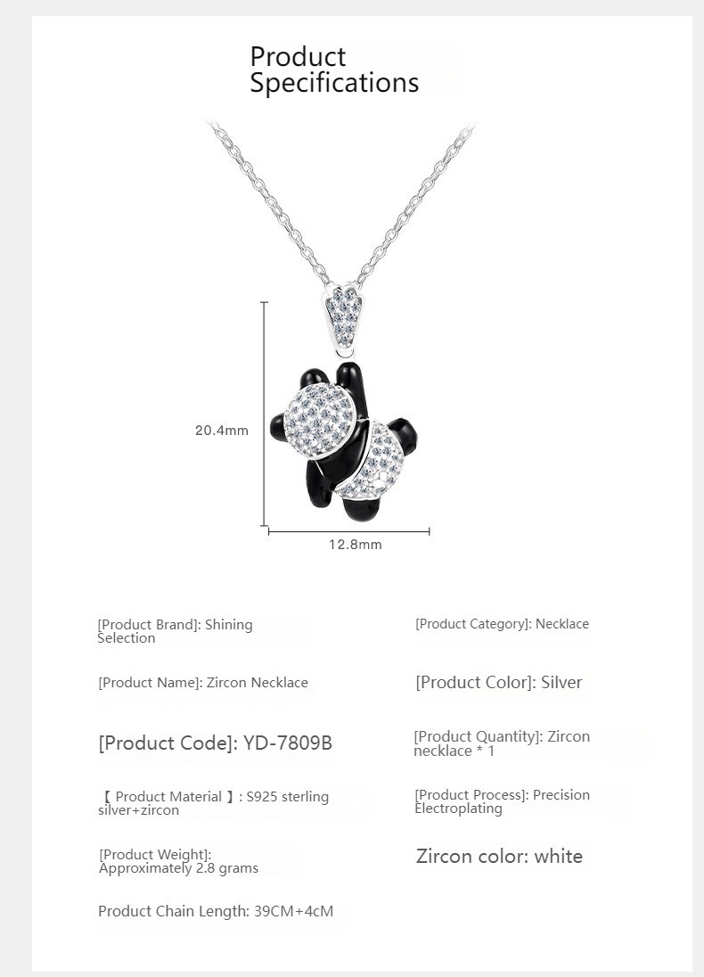 BlackBearPendantNecklace Full CZ SparklingUnique Dainty Korean Style S925 Silver