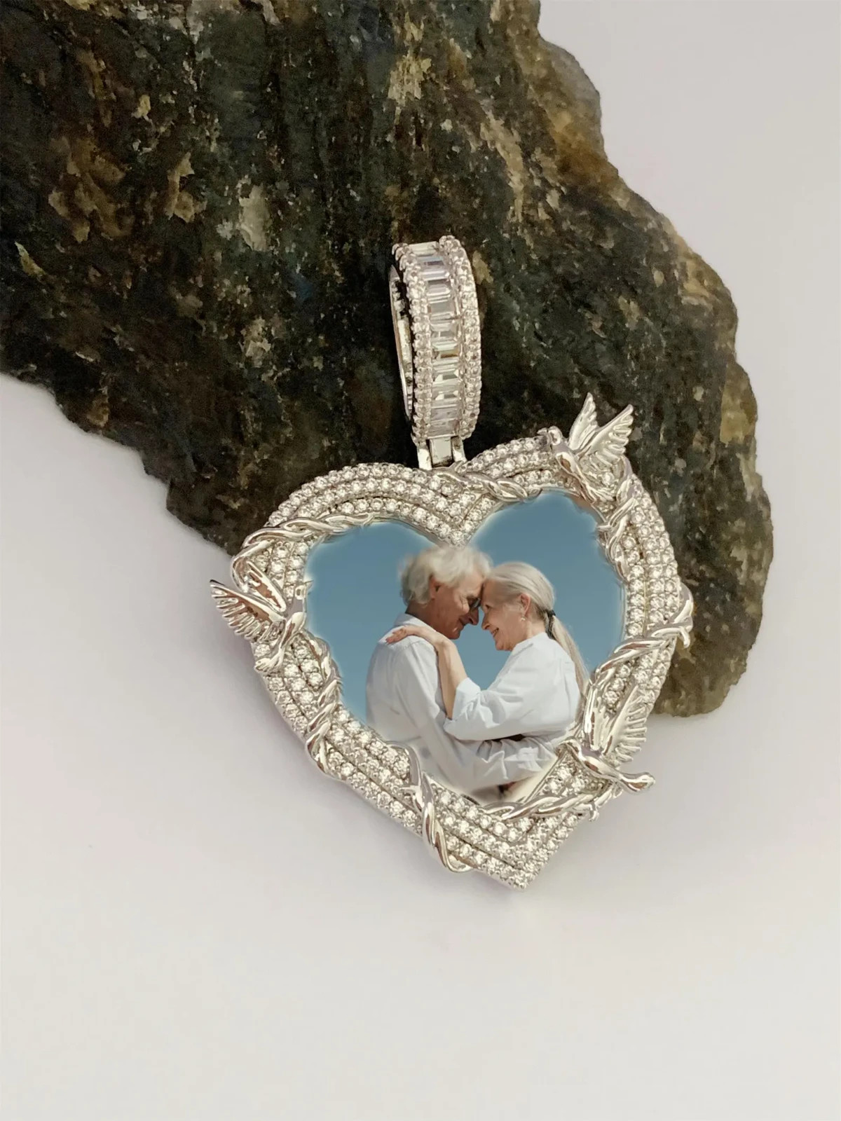 4ct Lab Created Diamond Custom Heart Memorial Photo Pendant 14k Gold Plated 2″