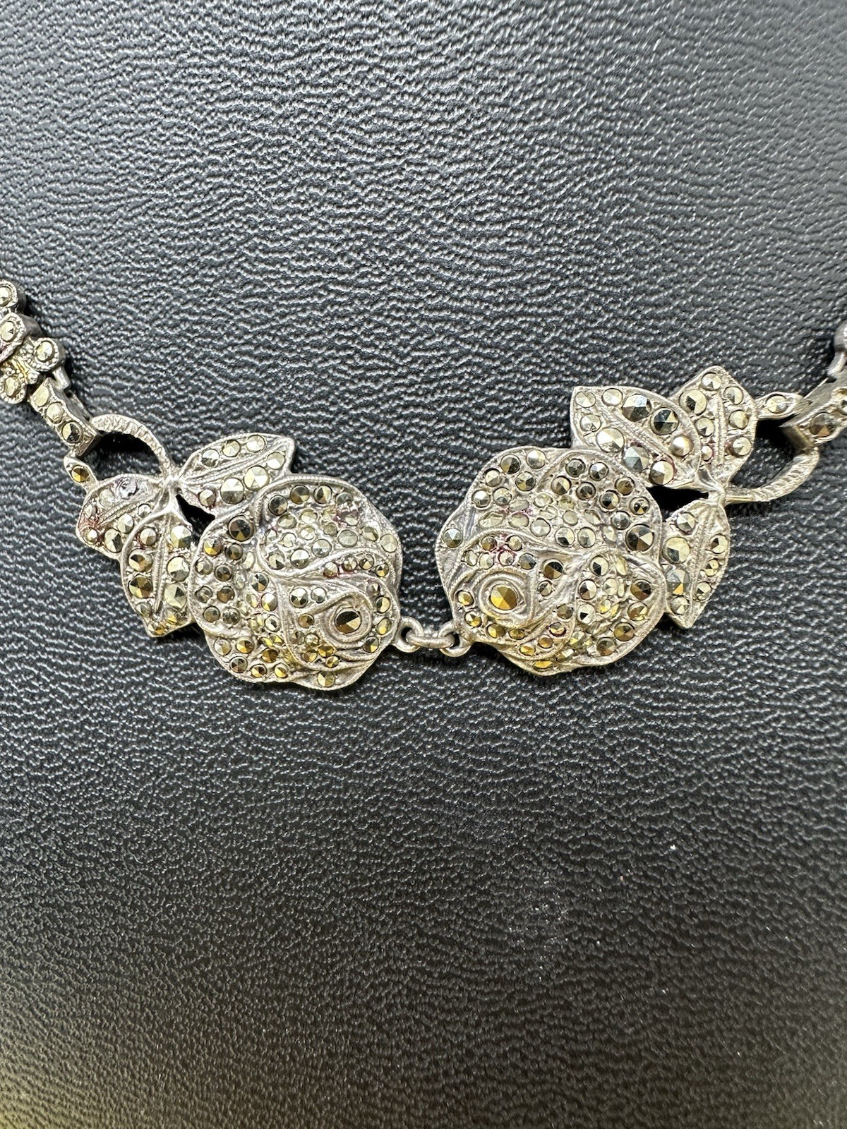 Sterling Silver Marcasite 2 Rose Pendant Choker Necklace Elegant Chic 33g 16 In