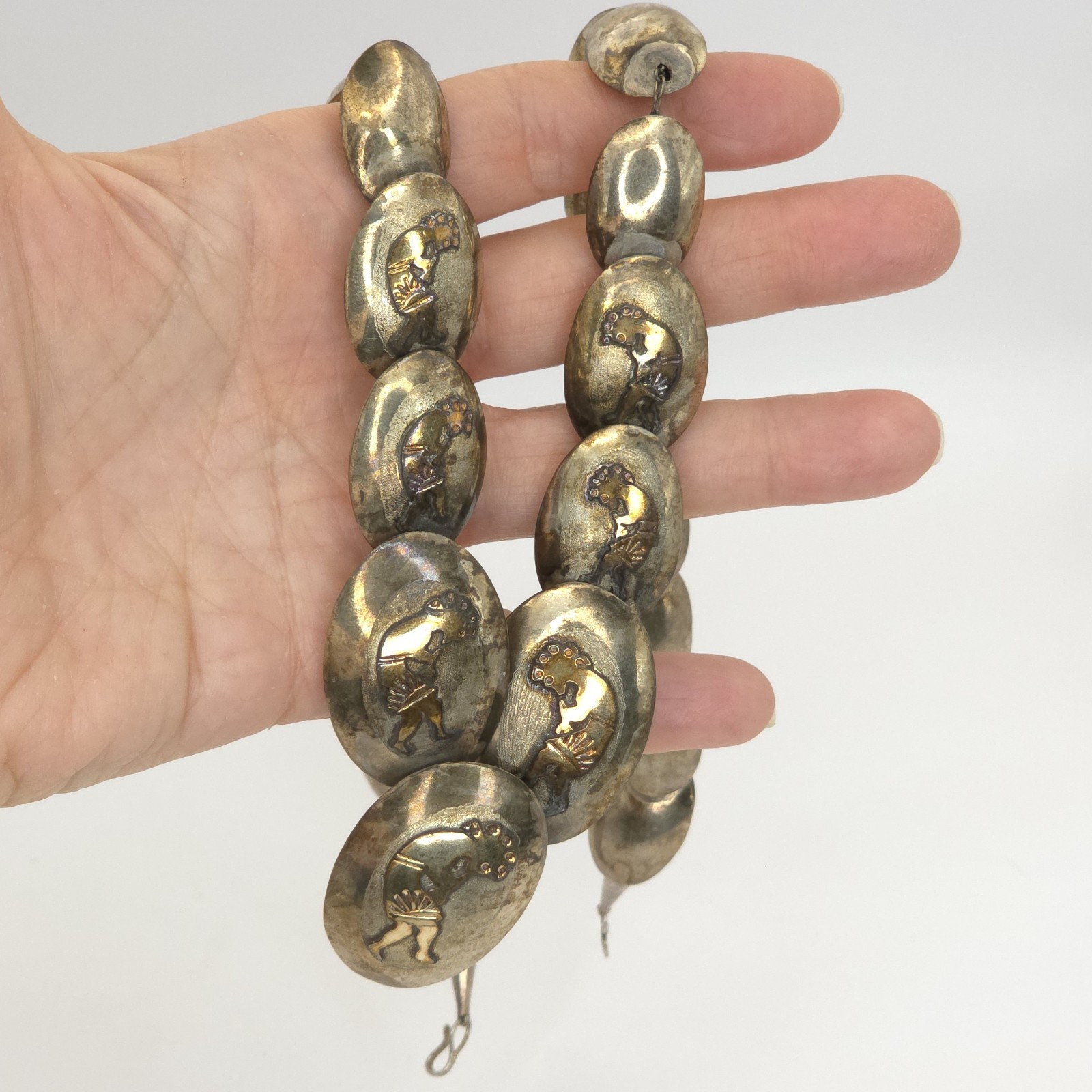 NA 925 Silver Native American Pillow Bead Necklace Kokopelli Signed SVY 23.5″