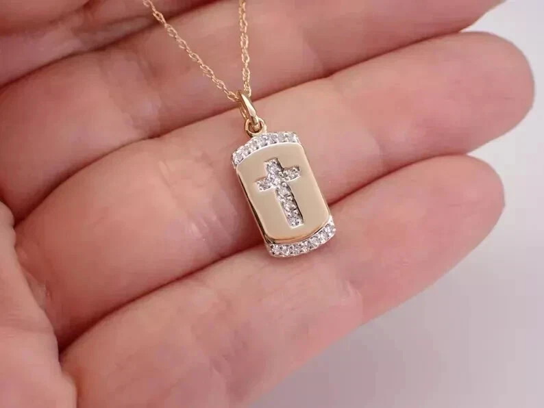 0.10Ct Round Moissanite Cross Religious Dog Tag Pendant 14K Yellow Gold Plated