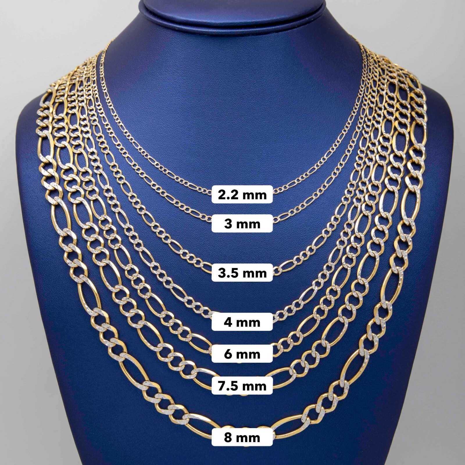 Solid 10k Figaro Pave Two Tone Chain Necklace 10K Yellow White Gold All Sizes