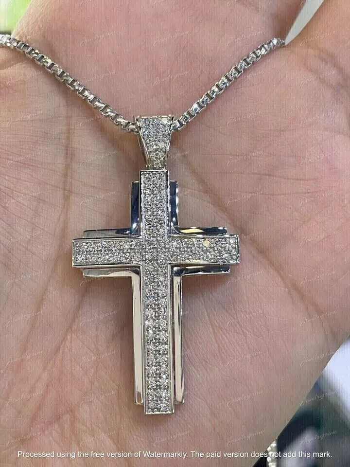 2.20Ct Round Cut Lab Created Diamond Men’s Cross Pendant 14K White Gold Plated