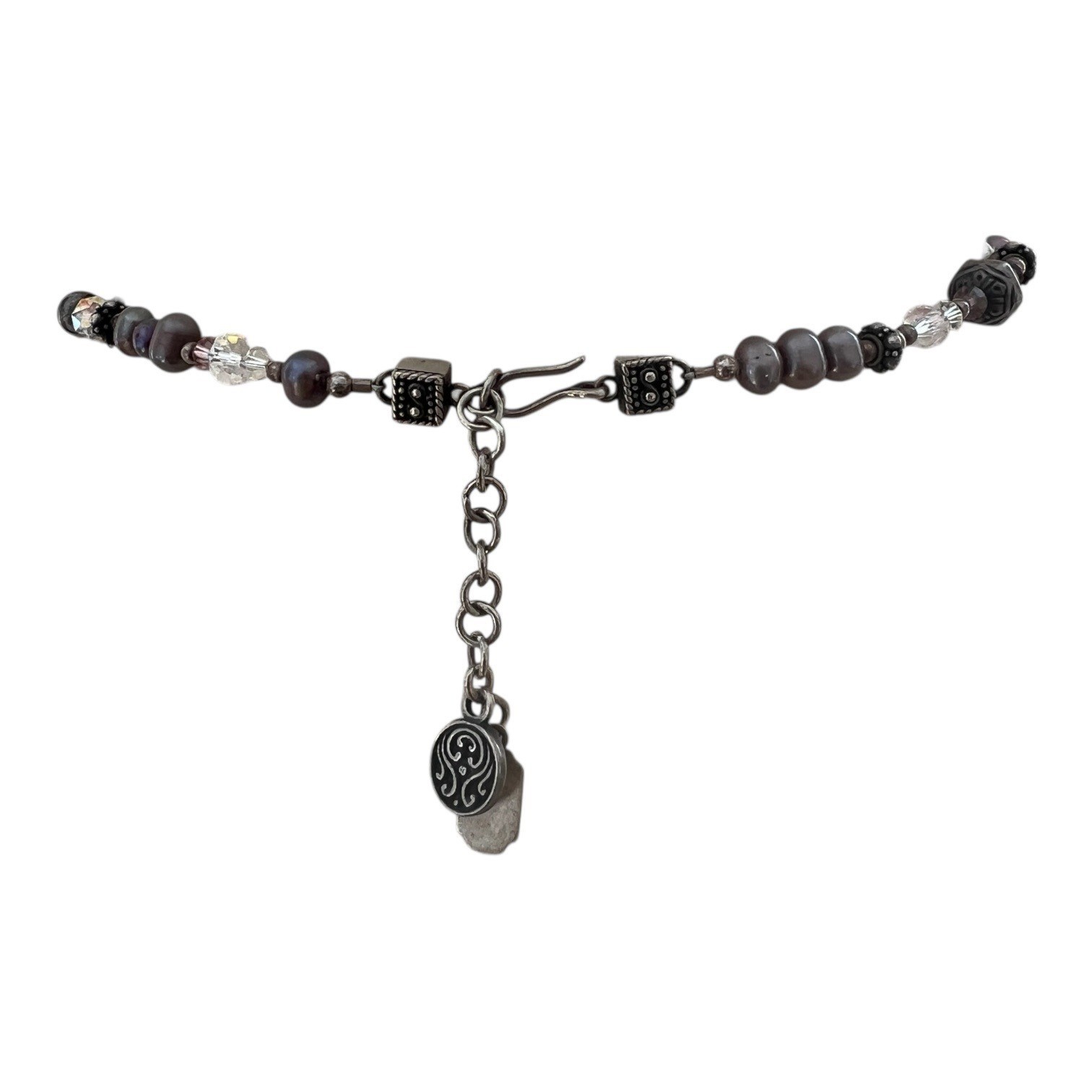 Tres Jolie Signed Sterling Silver Pearl & Crystal Tassel Beaded Necklace 18″