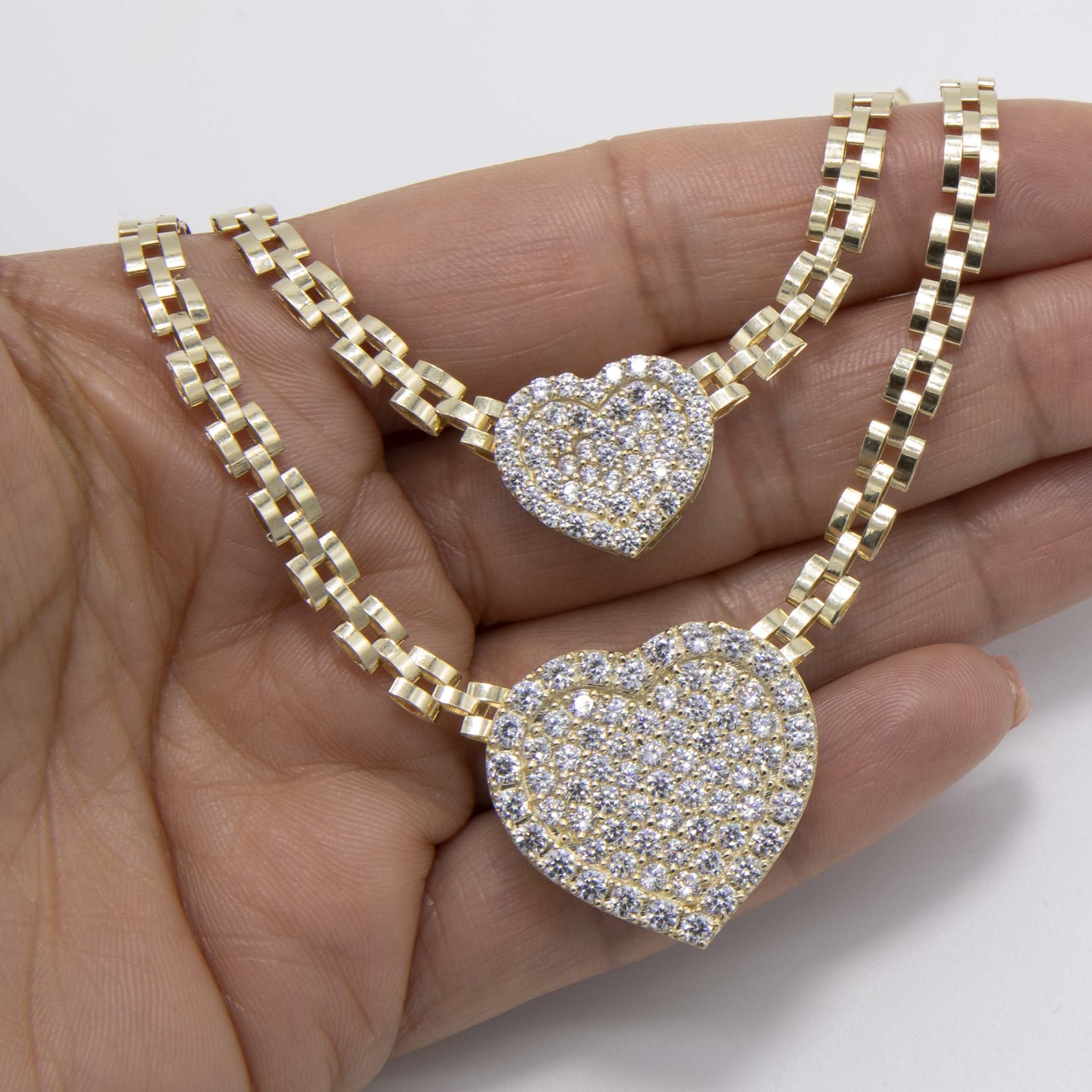 10K Yellow Gold Shiny Heart Rlx Railroad Chain Necklace All Sizes