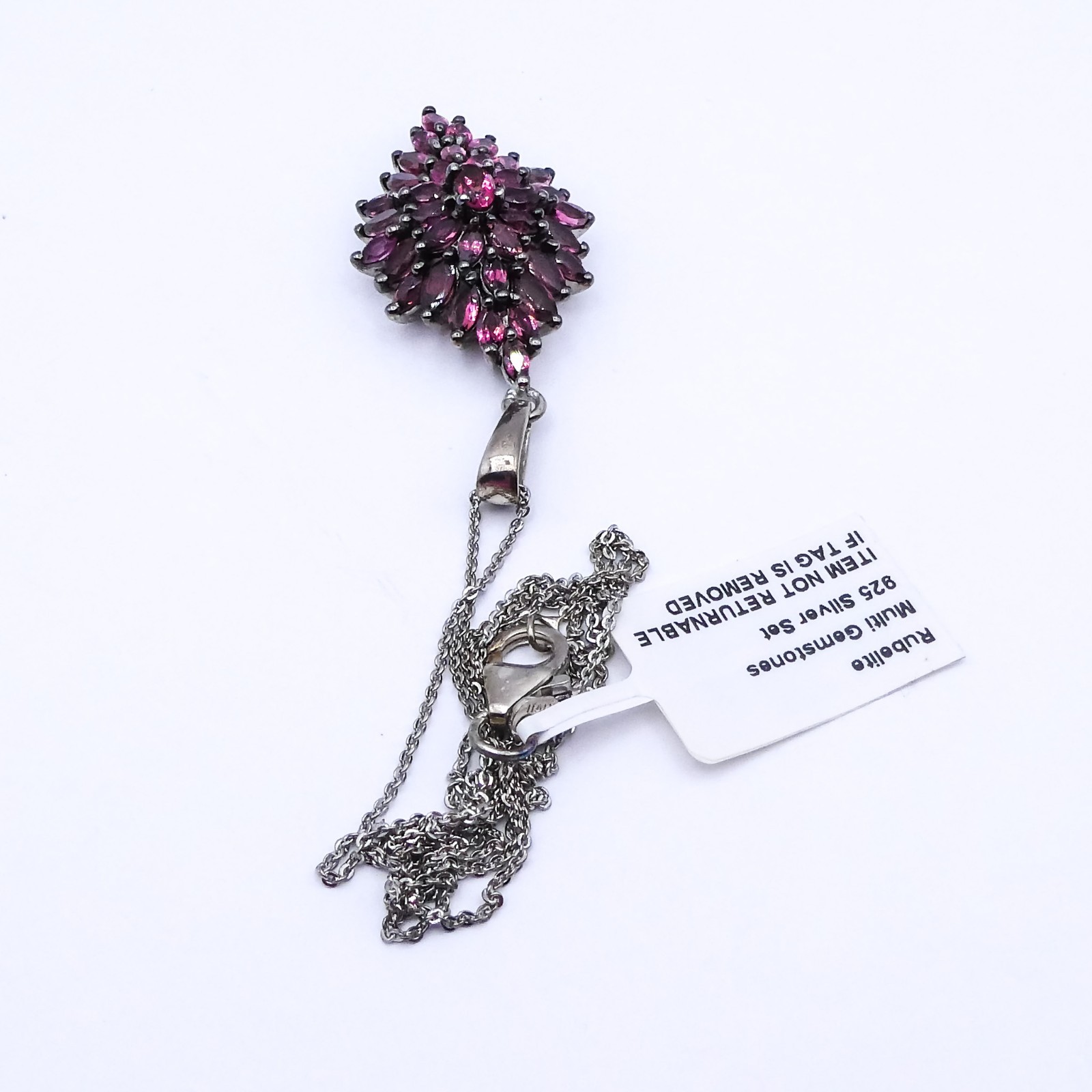 Djoy Rubelite Cluster Platinum Sterling Silver 20″ Pendant Chain Necklace