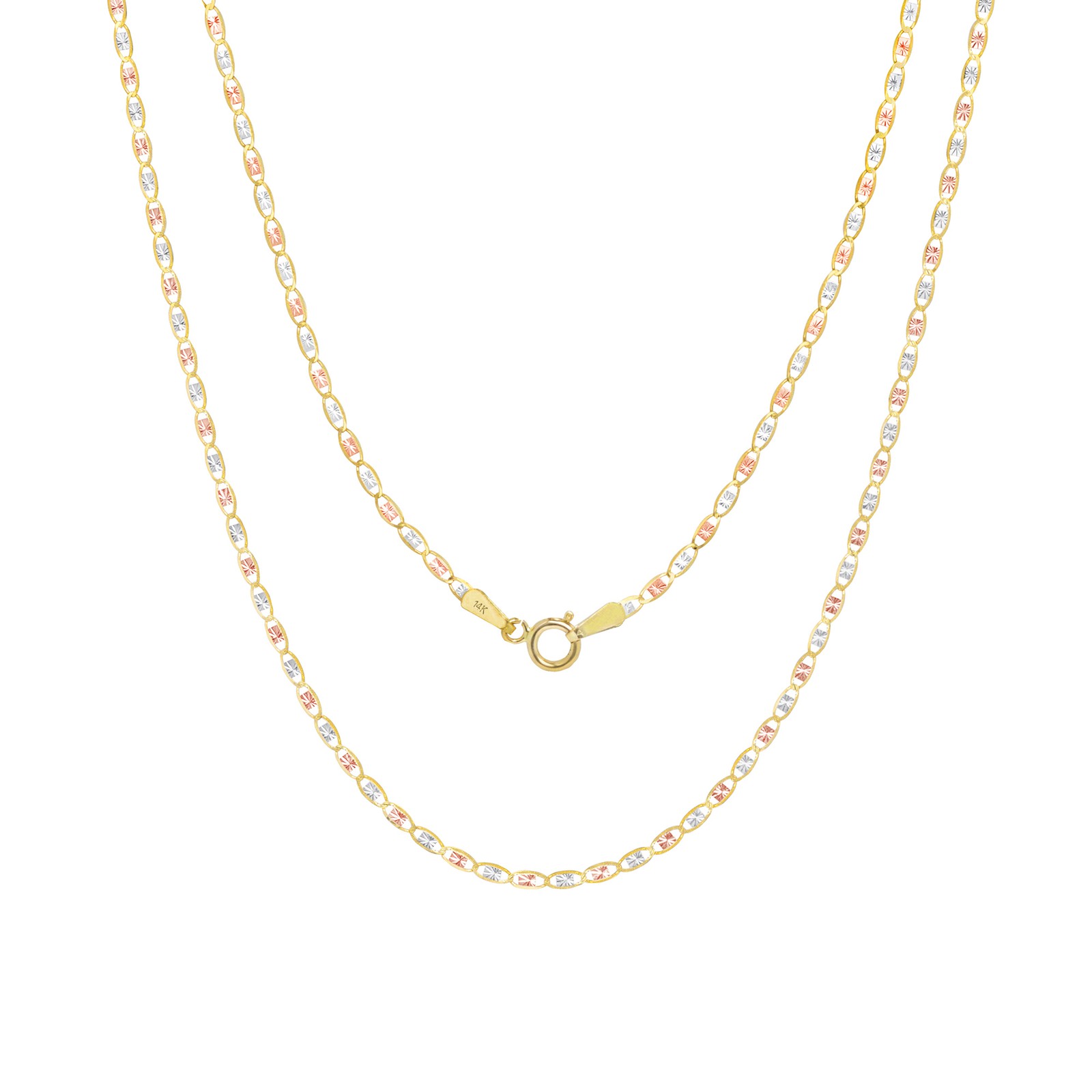 14K Solid Tri Yellow Rose White Gold 1.5mm Valentino Chain Womens Necklace 16″