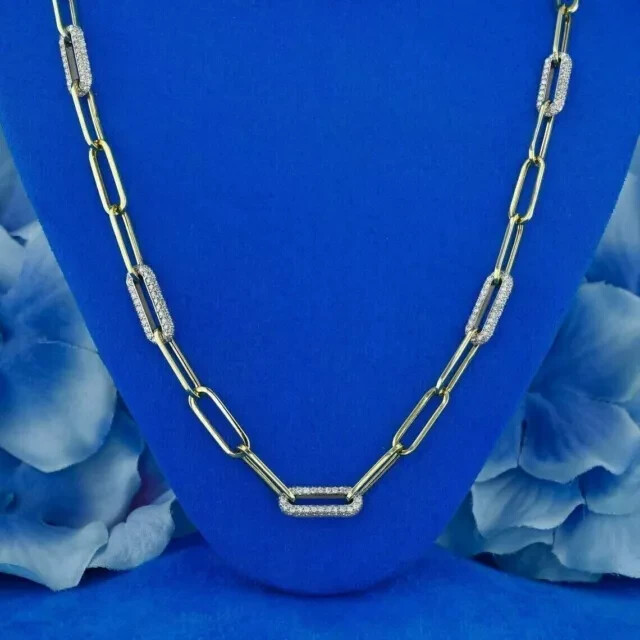 5.00CT Diamond Paper Clip Chain 14K Yellow & White Gold Over Oval Link Necklace
