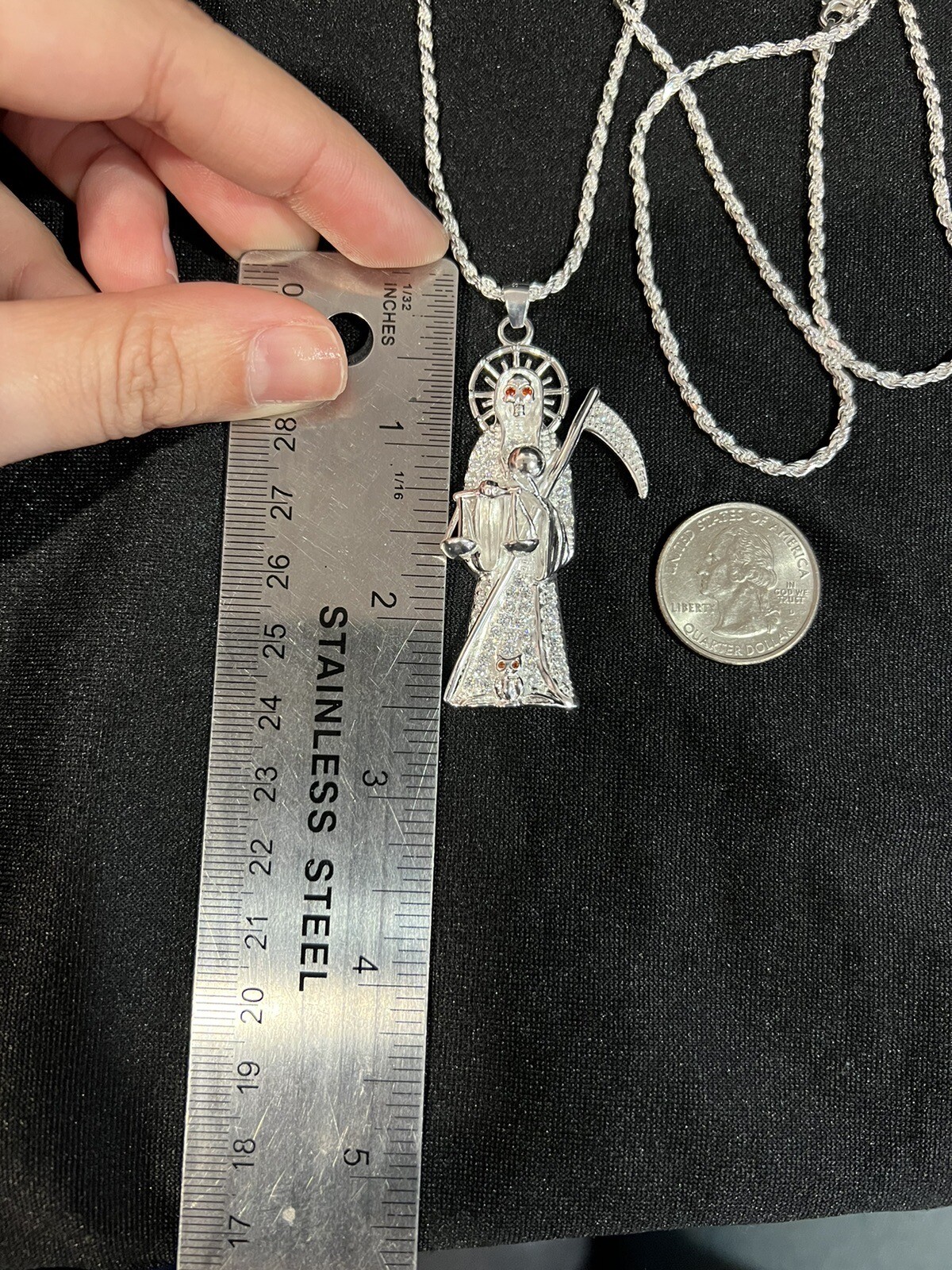 925 Sterling Silver Men Women CZ Santa Muerte Grim Reaper & Rope Chain 20 24 30