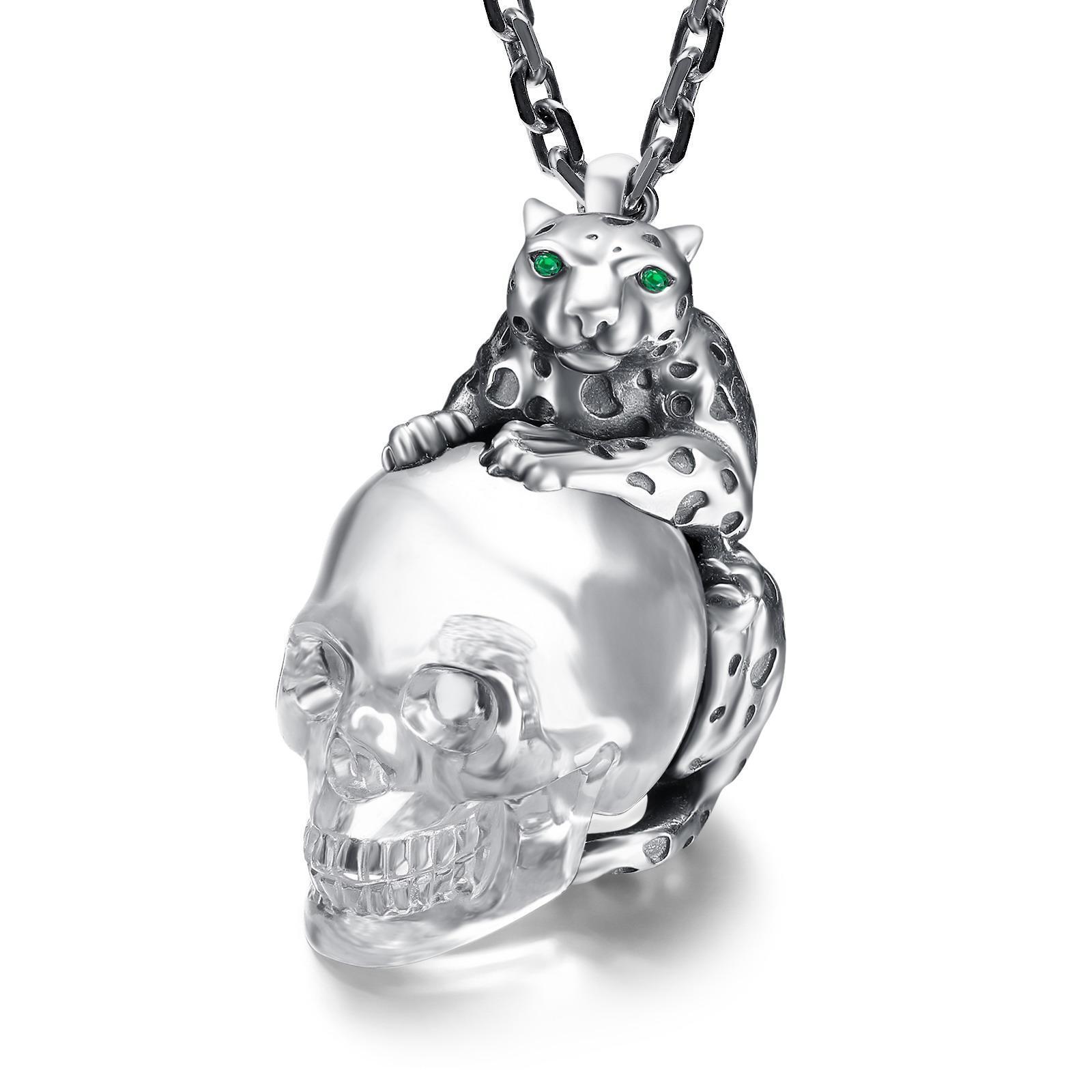Necklace of Quartz & 925 Sterling Silver leopard Carved Crystal Skull Pendant