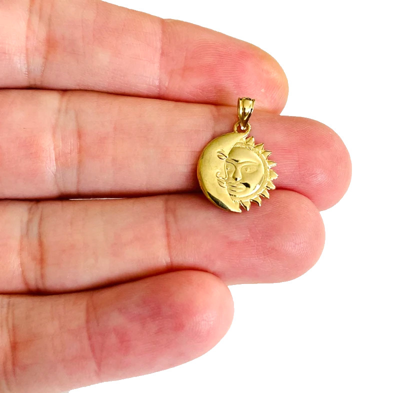 14K Real Gold Sun and Moon 19mm / 0.74″ Small Celestial Sun Moon Pendant -PT1936