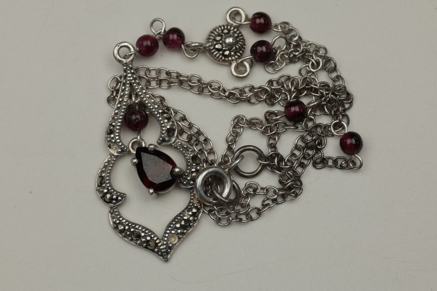 Vintage 925 Sterling Silver Marcasite Garnet Beaded Y-Drop Pendant Necklace 25g