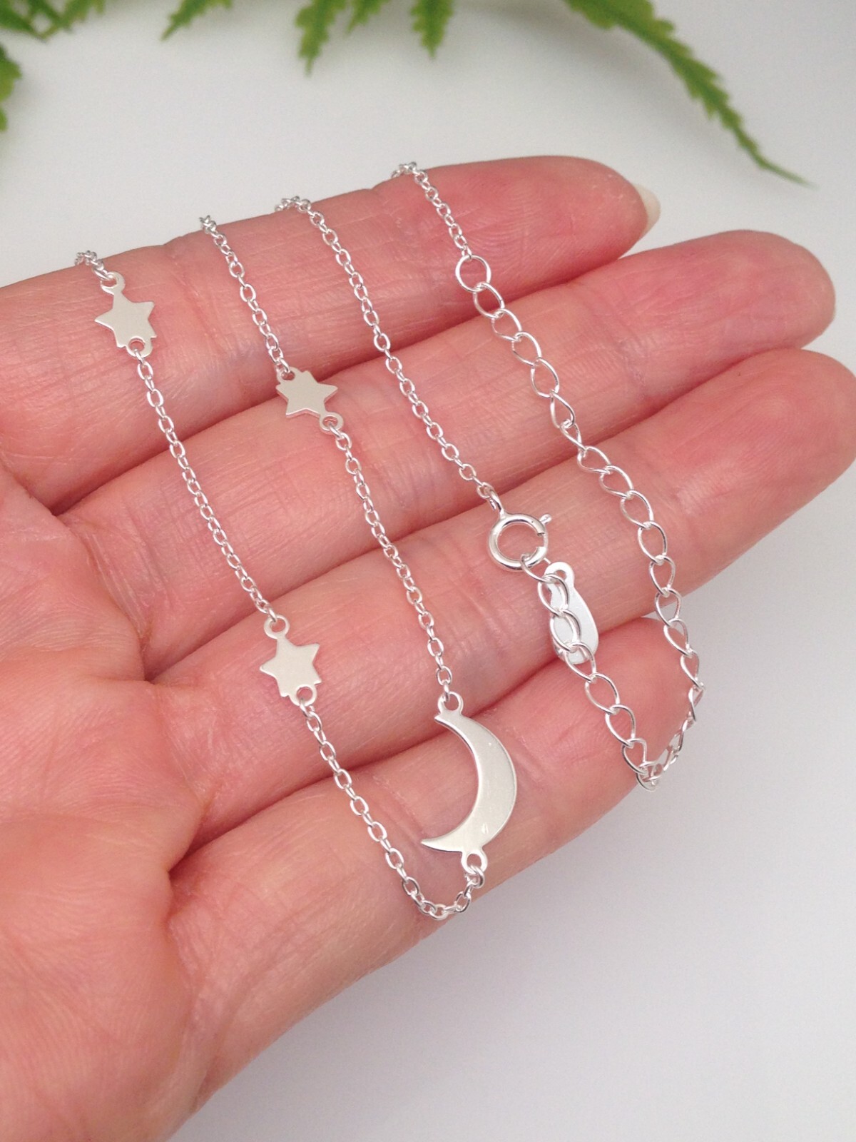 925 Sterling Silver Star Crescent Moon Station Choker Necklace Tiny 4/10mm 15.5″