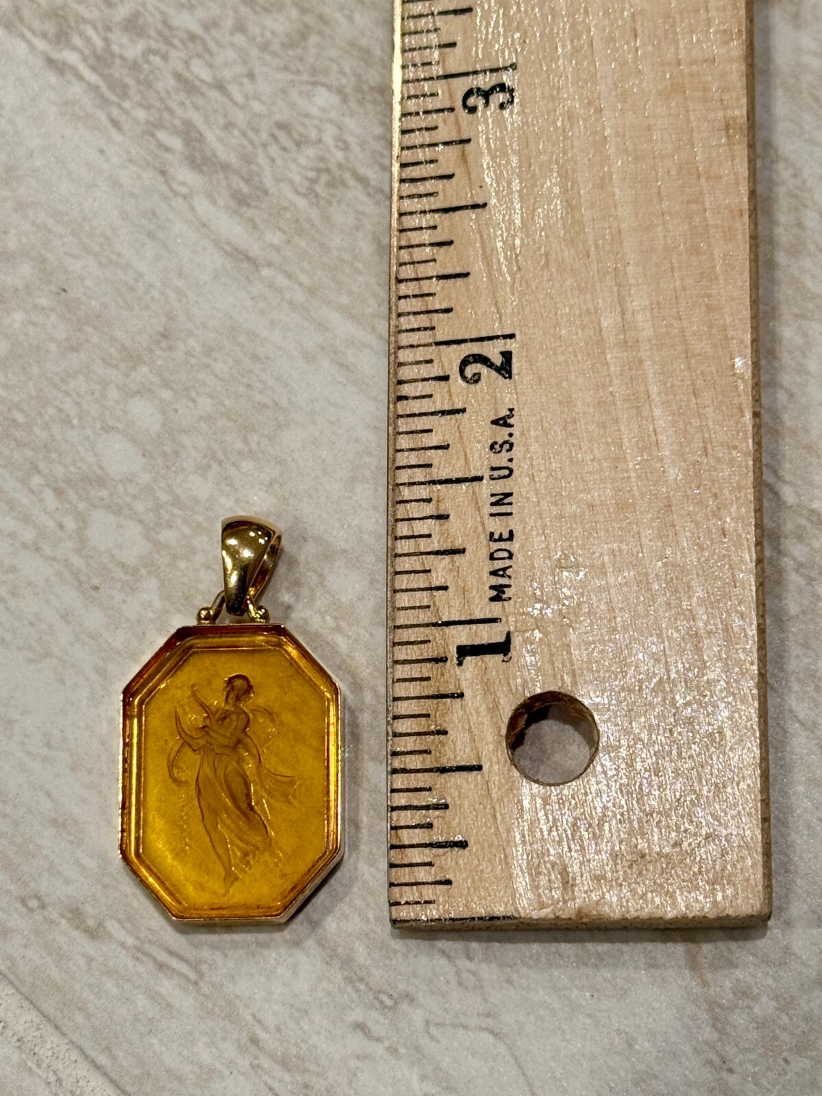 VTG 14K Yellow Gold Pendant Stained Glass Angel Carved Venetian Goddess Topaz