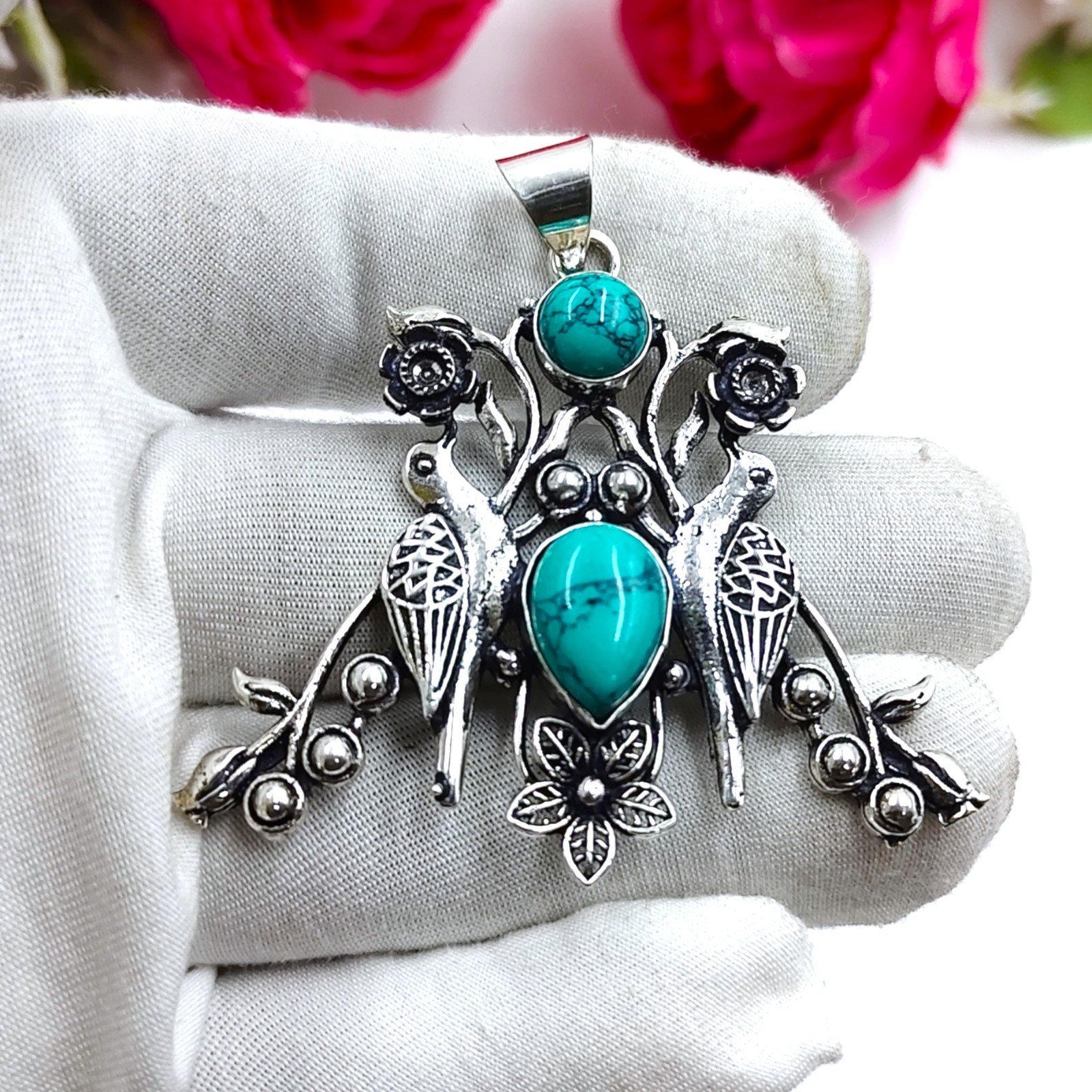 Blue Turquoise Gemstone Handmade 925 Sterling Silver Jewelry Pendant Size 2.25″