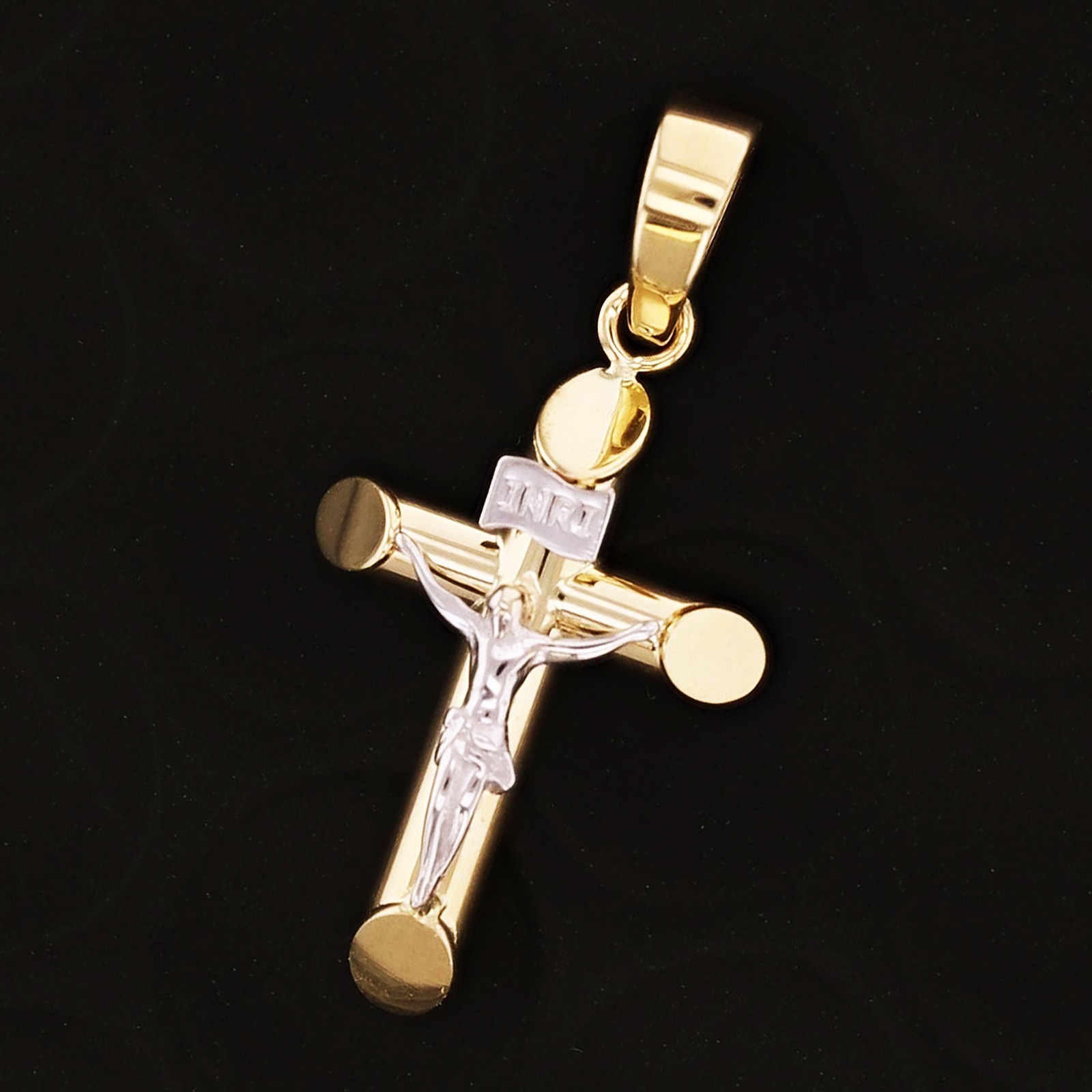 Italian 14k Two-Tone Gold 3D INRI Crucifix Cross Charm Pendant 1.1″ 1 gram