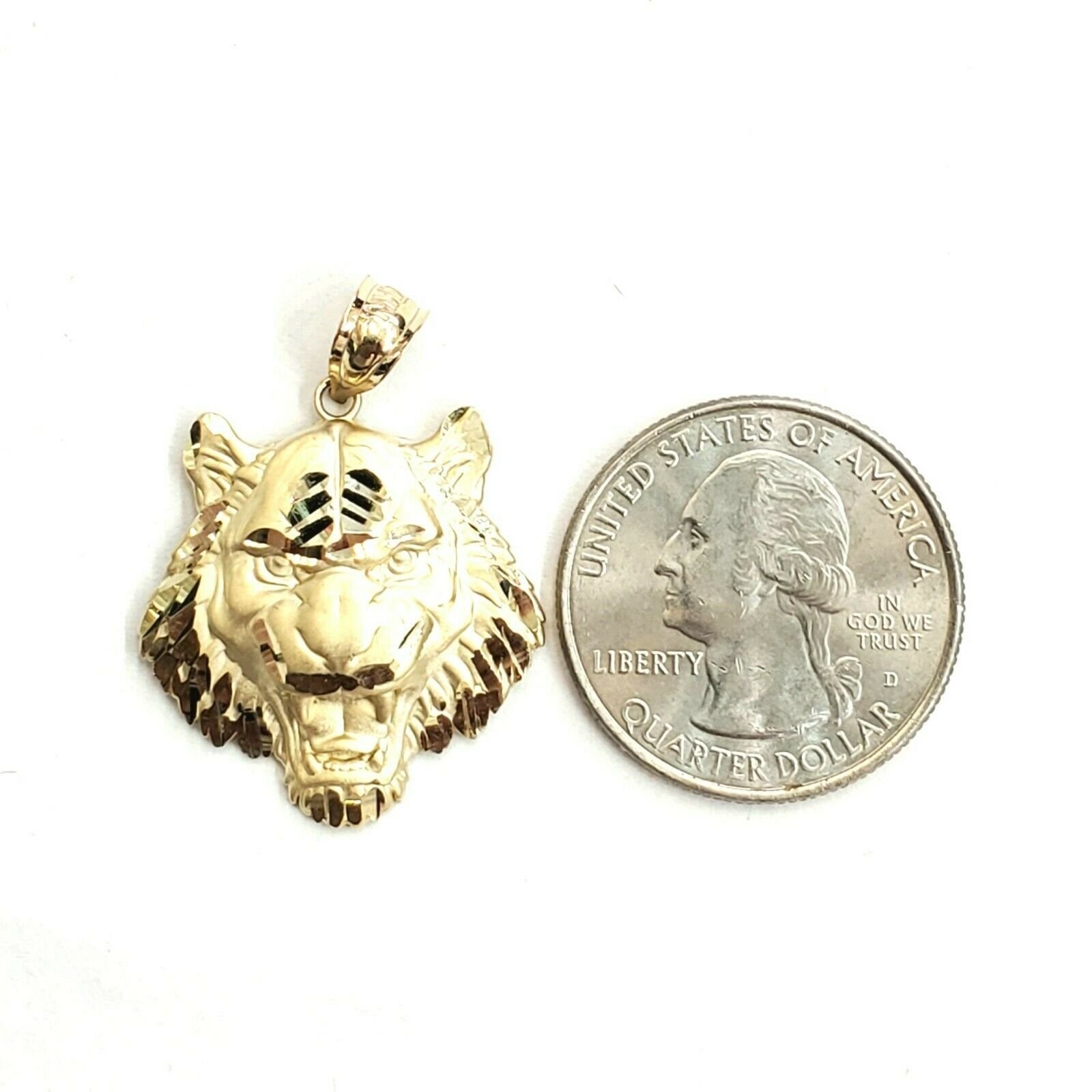 14k yellow solid Gold tiger male head face Pendant diamond cut fine jewelry 3.8g