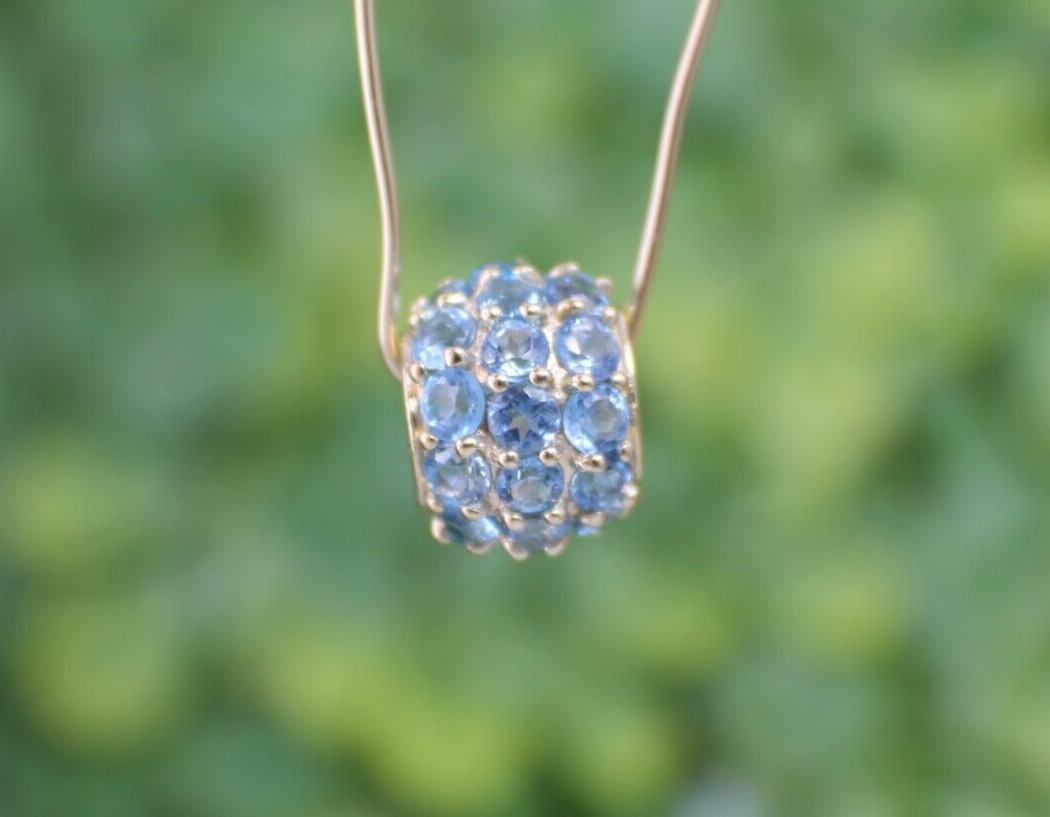Solid 10K Yellow Gold Pave Bead Blue Topaz Pendant Slide Loads of Sparkle