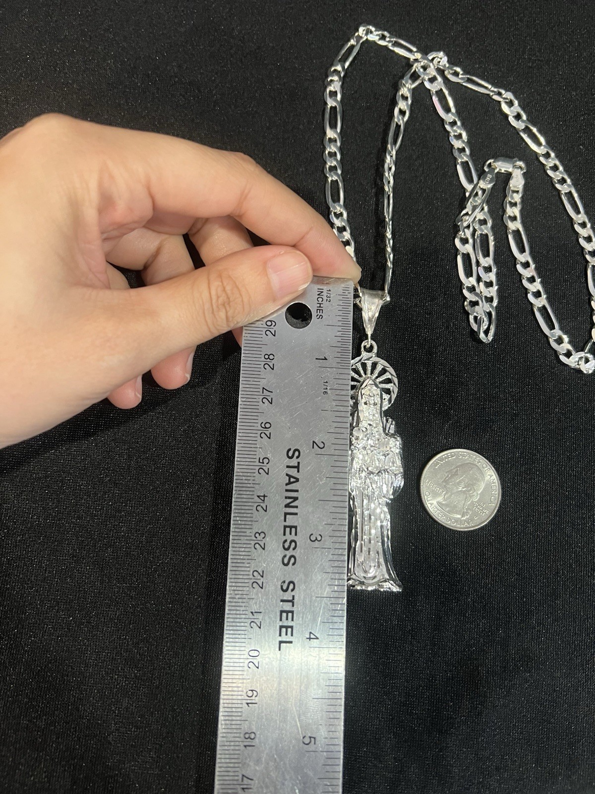 925 Sterling Silver BIG Men Women Santa Muerte Grim Reaper Figaro Chain 20 26 30