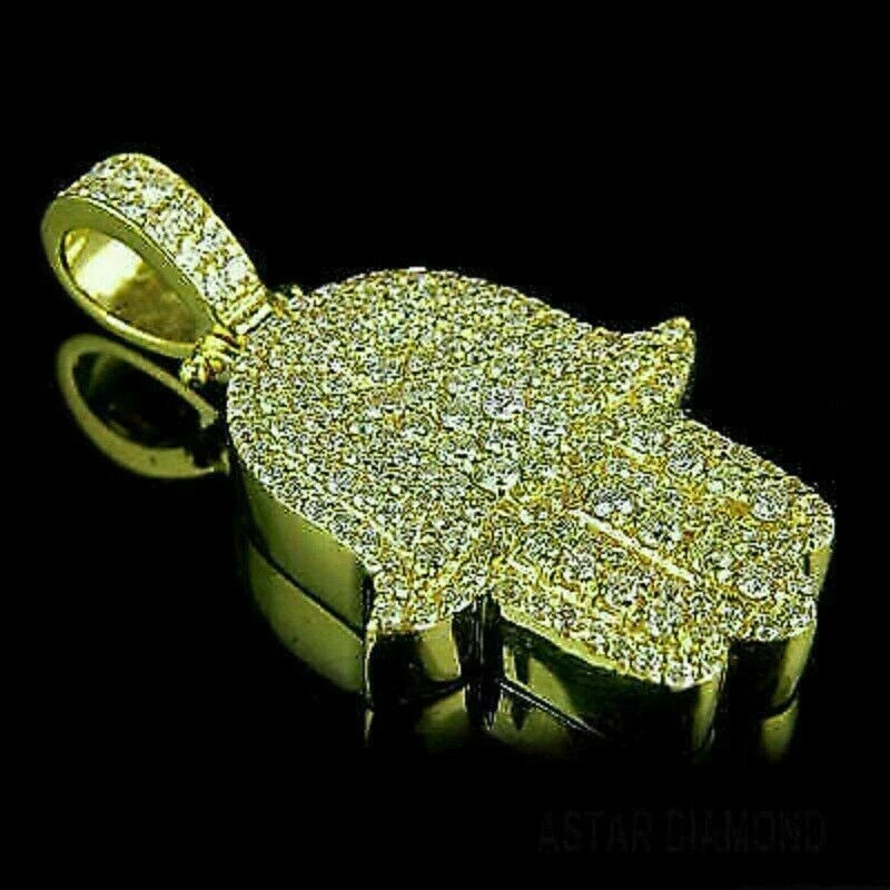 14K Yellow Gold Finish 2CT Round Cut DVVS1 Diamond Hamsa Hand Pendant Charm