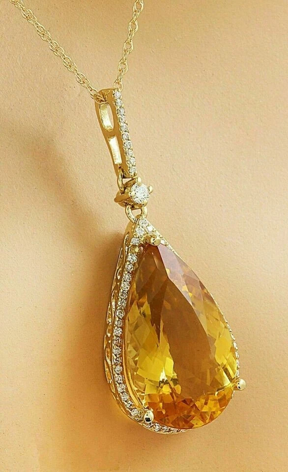 4Ct Pear Cut Yellow Citrine Halo Pendant 14K Yellow Gold Finish 18″ Free Chain
