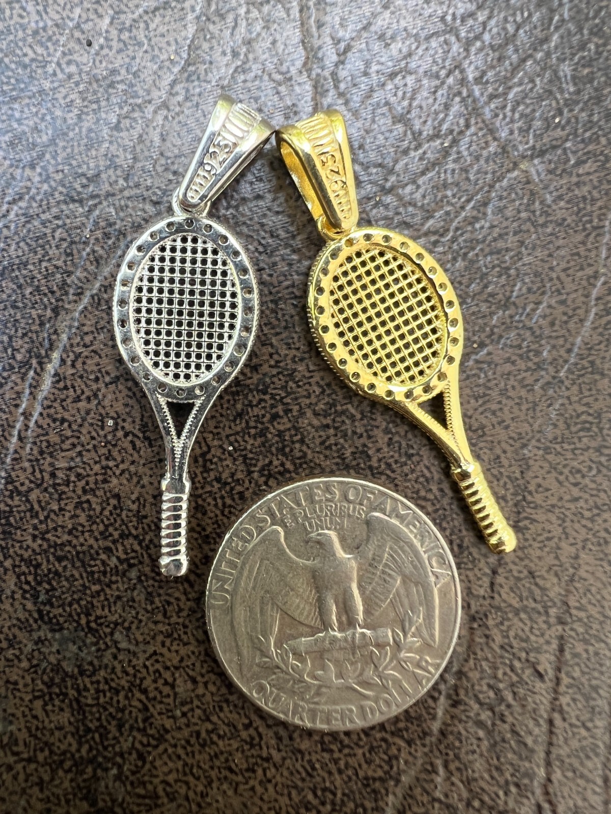 Real 925 Silver 14k Gold Plated Tennis Racket Pendant Necklace Mens Ladies CZ