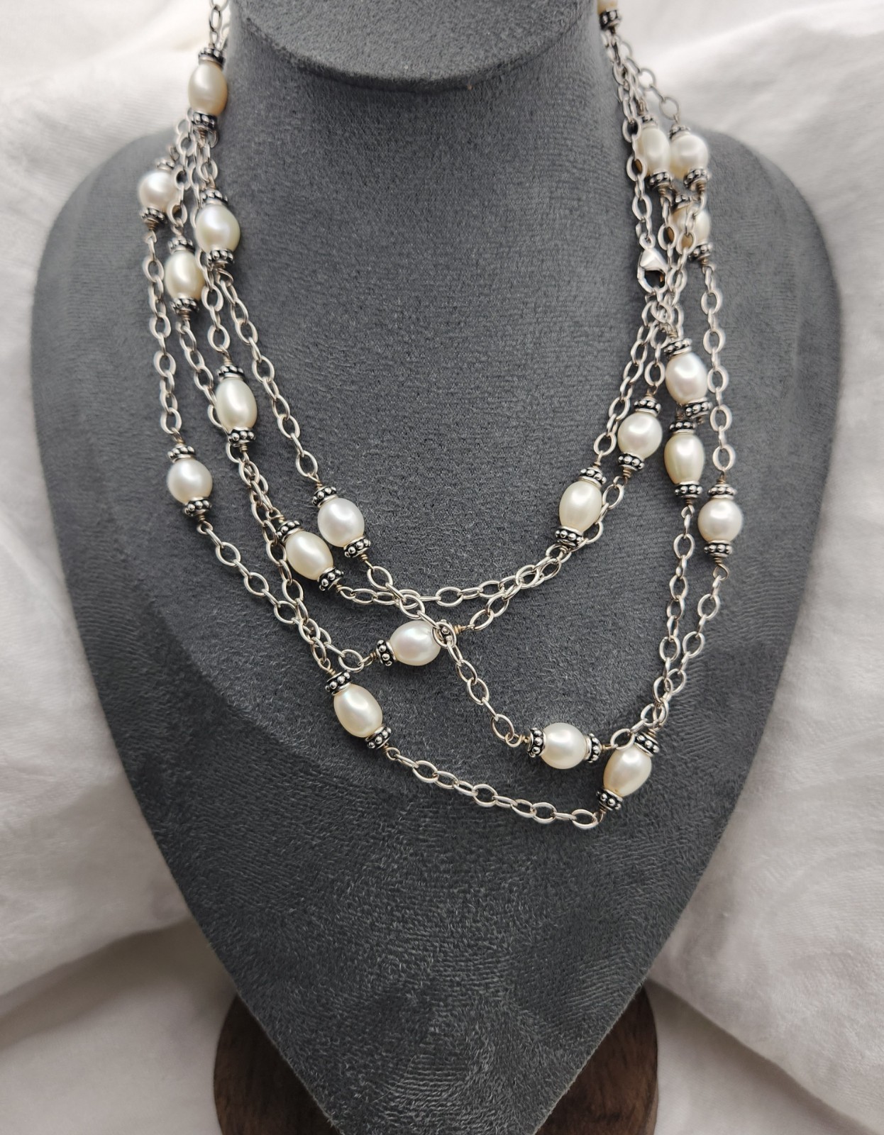 Set Of Two 32″ Honora Silver And Pearl Station Necklaces Signed 925
